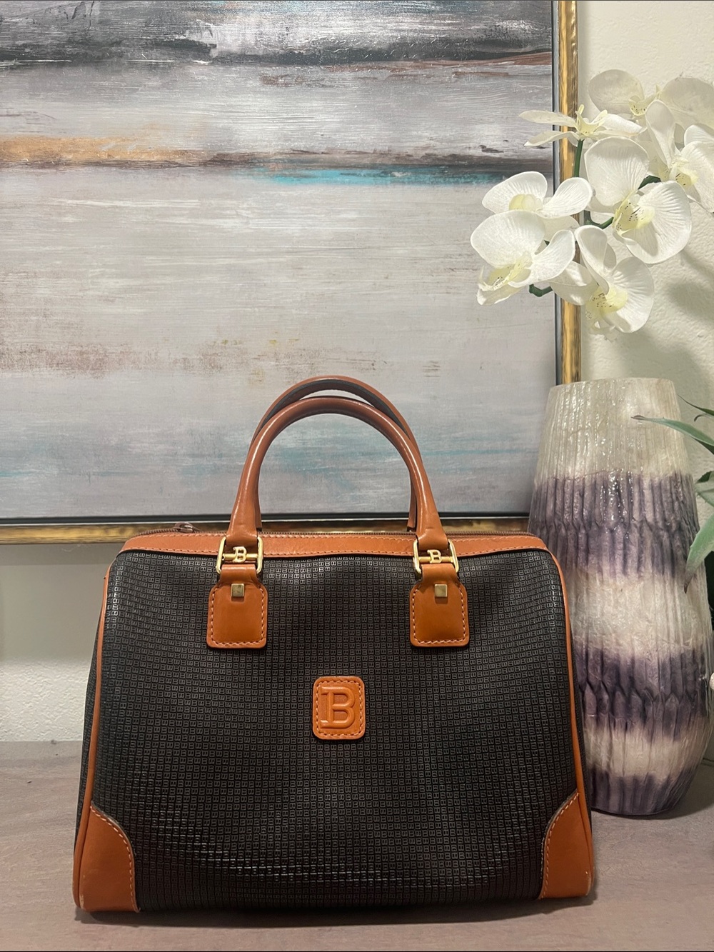Vintage Bally Brown & Black Woven Leather Duffel Bag
